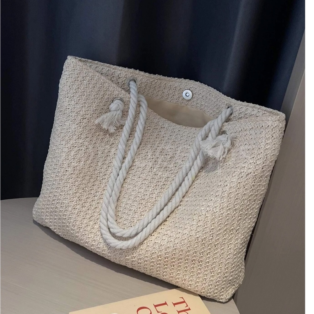 Large Tote Straw Bag Beige Lined Rope Handles - Picture 2 of 6